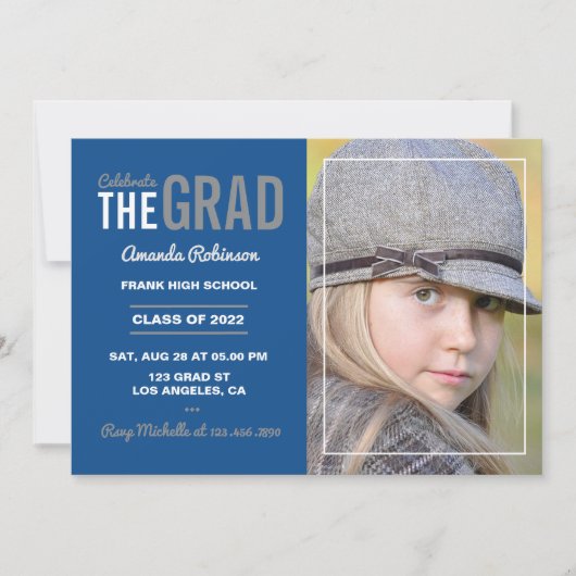 Uitnodiging van de blauwe en grijze GraduPartij (Voorkant)