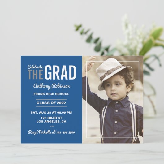 Uitnodiging van de blauwe en grijze GraduPartij (Staand voorkant)
