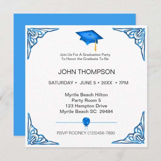 Uitnodiging van de Blauwe en Witte GraduPartij (Voorkant / Achterkant)