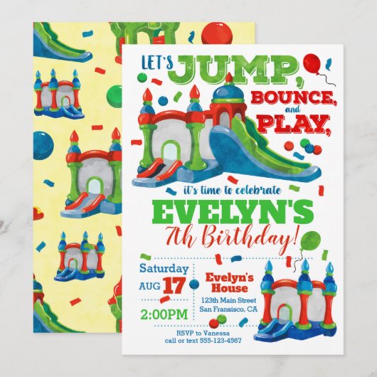 Uitnodiging van de Bounce House Birthday Party (Voorkant / Achterkant)
