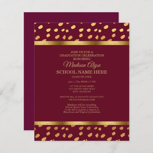Uitnodiging van de BUDGET Burgundy Gold Graduparty (Voorkant / Achterkant)