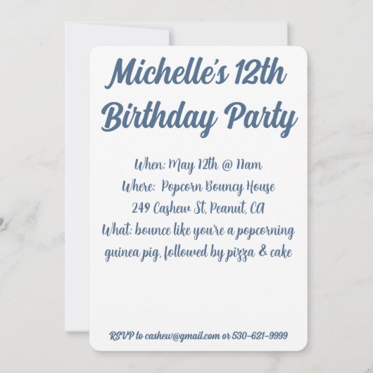 uitnodiging van de Cavia Birthday Party (Achterkant)