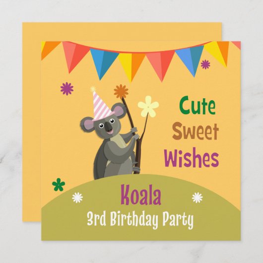 uitnodiging van de Colorful Koala Birthday Party (Voorkant / Achterkant)