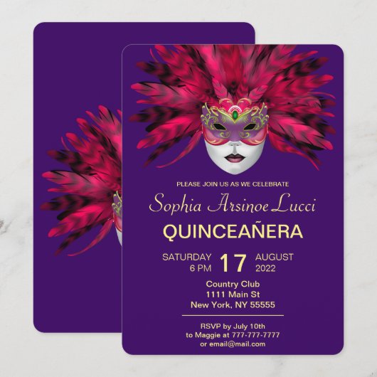 uitnodiging van de Colorful Masquerade Quinceañera (Voorkant / Achterkant)