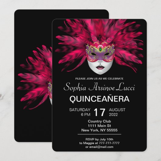 uitnodiging van de Colorful Masquerade Quinceañera (Voorkant / Achterkant)