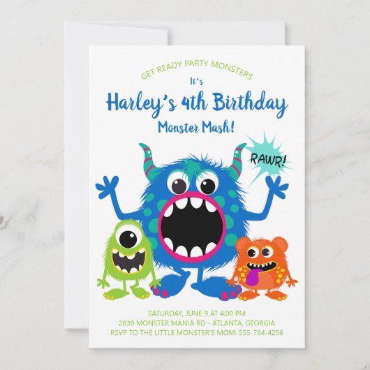 uitnodiging van de Colorful Monsters Birthday Part (Voorkant)
