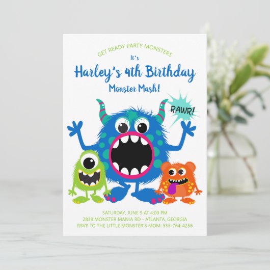 uitnodiging van de Colorful Monsters Birthday Part (Staand voorkant)