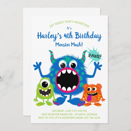 uitnodiging van de Colorful Monsters Birthday Part (Voorkant / Achterkant)