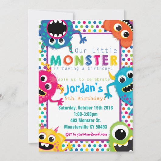 uitnodiging van de Colorful Monsters Birthday Part (Voorkant)