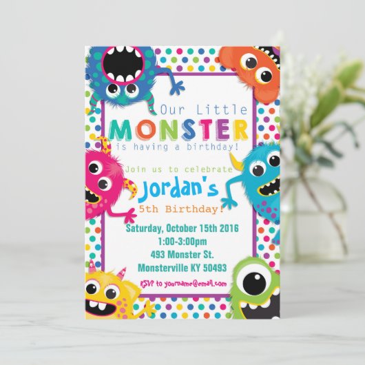 uitnodiging van de Colorful Monsters Birthday Part (Staand voorkant)