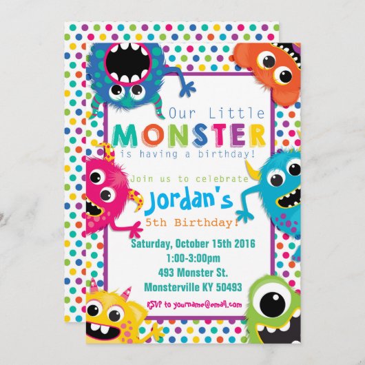 uitnodiging van de Colorful Monsters Birthday Part (Voorkant / Achterkant)