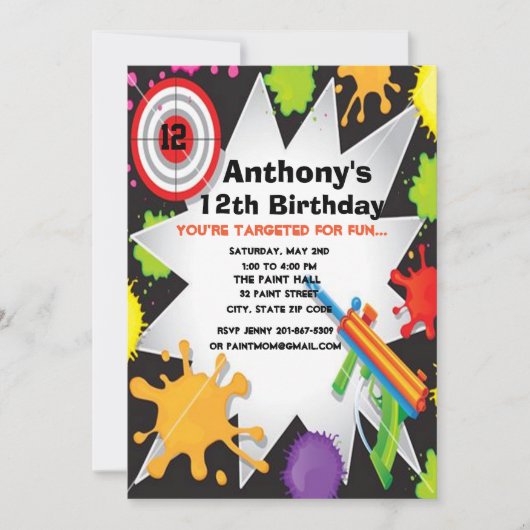 uitnodiging van de Colorful Paintball Birthday Par (Voorkant)