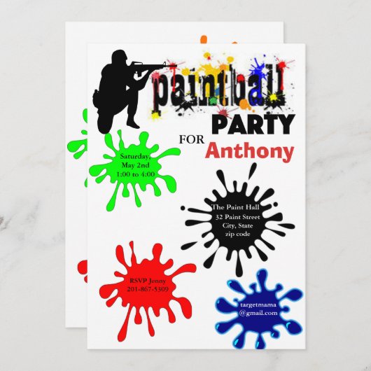 uitnodiging van de Colorful Paintball Birthday Par (Voorkant / Achterkant)