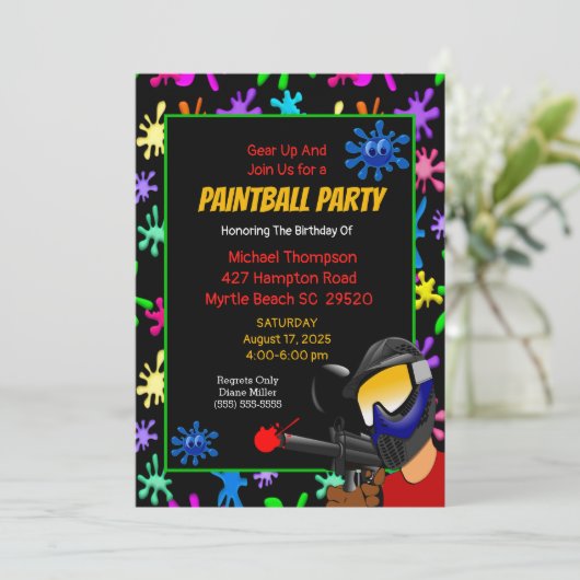 uitnodiging van de Colorful Paintball Birthday Par (Staand voorkant)