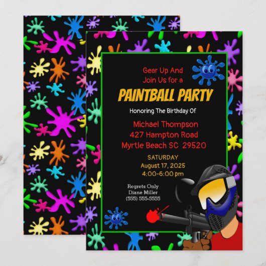 uitnodiging van de Colorful Paintball Birthday Par (Voorkant / Achterkant)