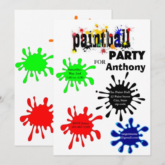 uitnodiging van de Colorful Paintball Birthday Par (Voorkant / Achterkant)