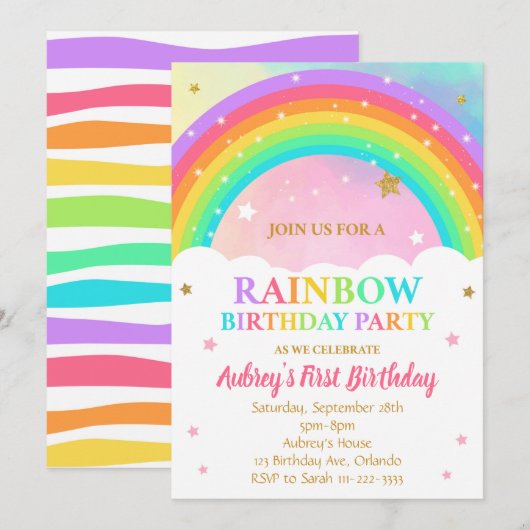 uitnodiging van de Colorful Rainbow Birthday Party (Voorkant / Achterkant)