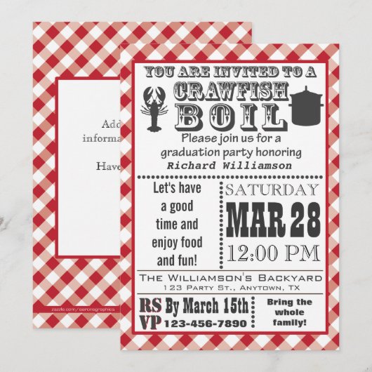 Uitnodiging van de Crawfish Boil Graduy Party (Voorkant / Achterkant)