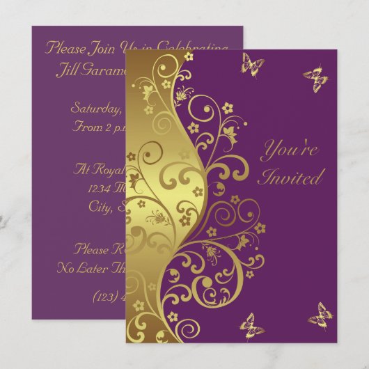 Uitnodiging van de dag—Rood Violet & goudzirlen (Voorkant / Achterkant)