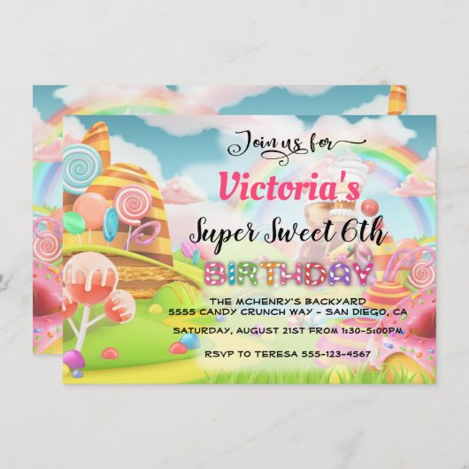 uitnodiging van de deelstaat Snoep Birthday Party (Voorkant / Achterkant)