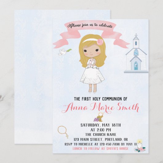 Uitnodiging van de eerste Heilige Communie (Voorkant / Achterkant)