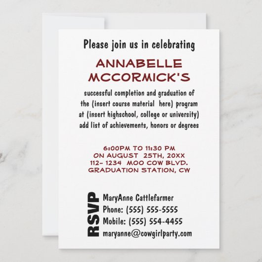Uitnodiging van de graduatiepartij - Funny Cow in  (Achterkant)