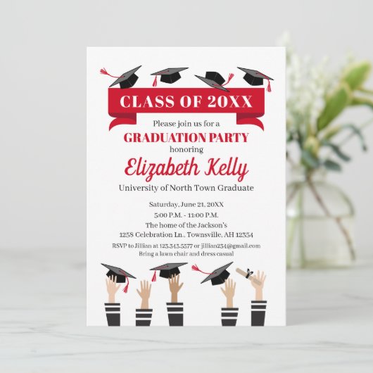 Uitnodiging van de Graduation Party in Red (Staand voorkant)