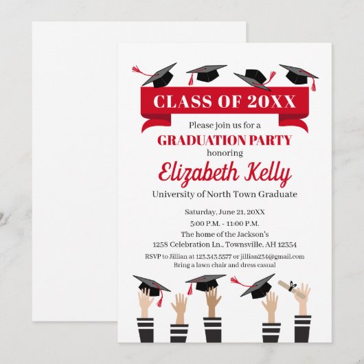 Uitnodiging van de Graduation Party in Red (Voorkant / Achterkant)