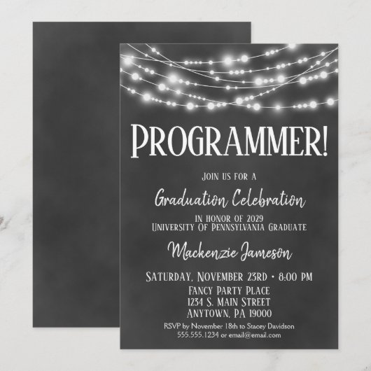 Uitnodiging van de GraduPartij van de Programmerin (Voorkant / Achterkant)