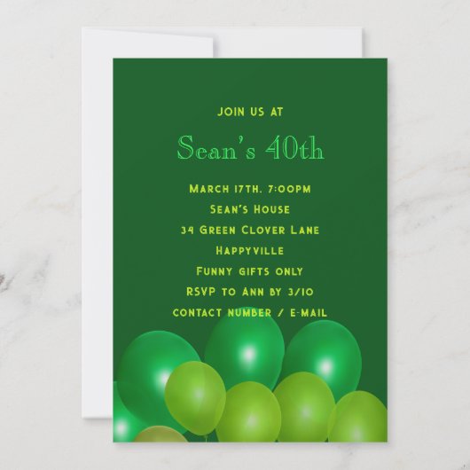 Uitnodiging van de Groene Balloons van de Male Bir (Achterkant)