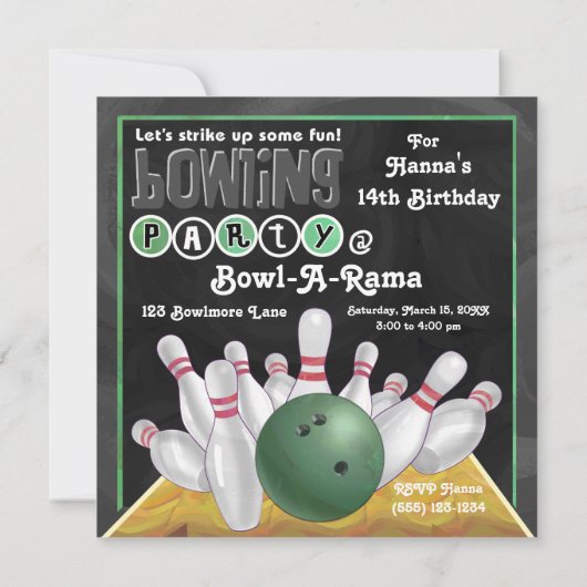 Uitnodiging van de groene Bowling-partij (Achterkant)