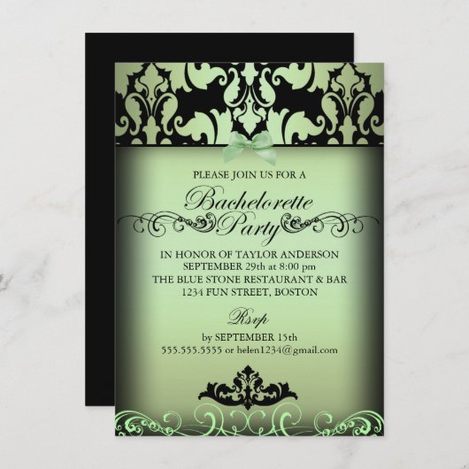 Uitnodiging van de Groene Elegant Damask Bachelore (Voorkant / Achterkant)
