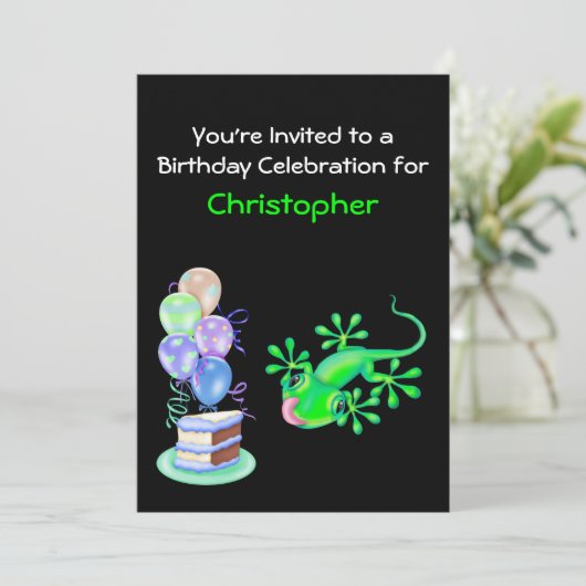 Uitnodiging van de Groene Lizard Birthday Party (Staand voorkant)