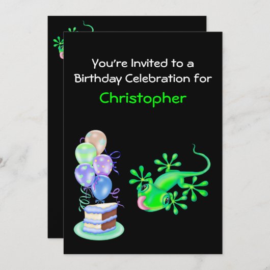 Uitnodiging van de Groene Lizard Birthday Party (Voorkant / Achterkant)