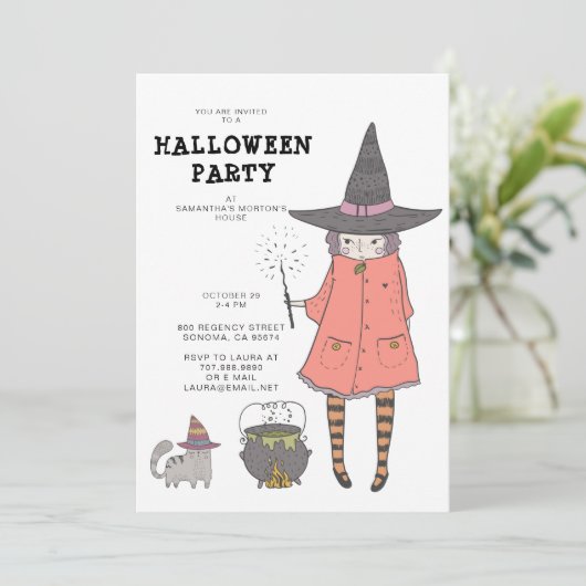 Uitnodiging van de Halloween-partij van Witch Kind (Staand voorkant)