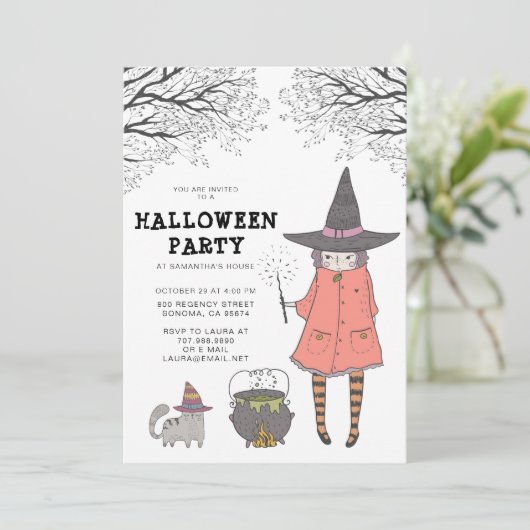 Uitnodiging van de Halloween-partij van Witch Kind (Staand voorkant)