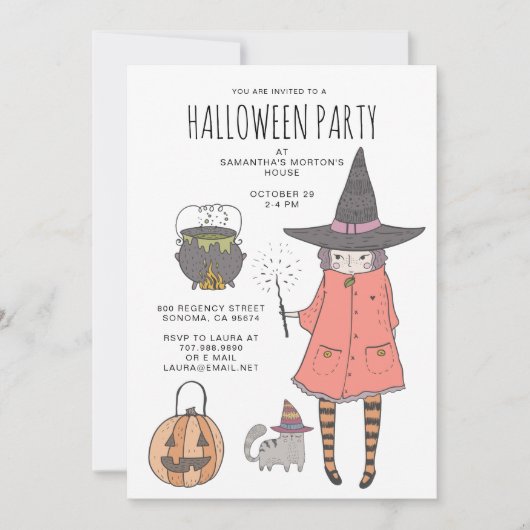 Uitnodiging van de Halloween Party van Cute Witch (Voorkant)