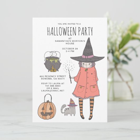 Uitnodiging van de Halloween Party van Cute Witch  (Staand voorkant)