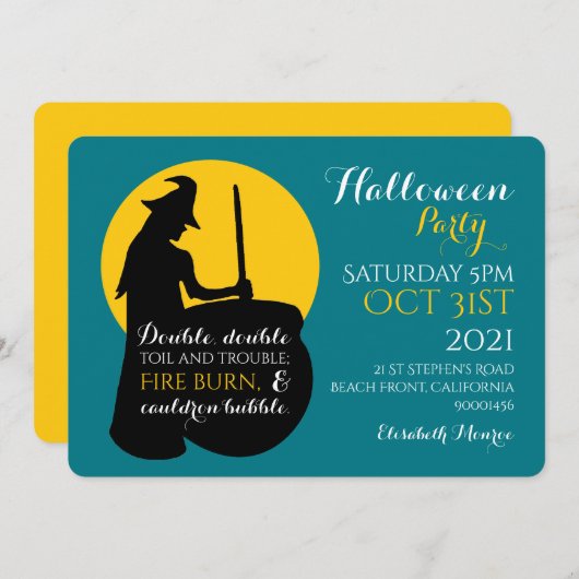 Uitnodiging van de heks- en Moon Magic Spell-parti (Voorkant / Achterkant)