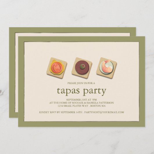 Uitnodiging van de kleine Bites Trio Tapas Party (Voorkant / Achterkant)