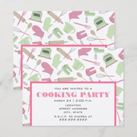 Uitnodiging van de kookpartij - Roze & Groene keuk (Voorkant / Achterkant)
