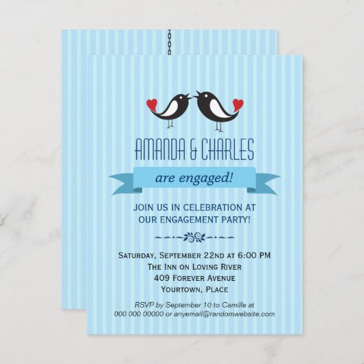 Uitnodiging van de Lovevogels Blue Engagement Part (Voorkant / Achterkant)
