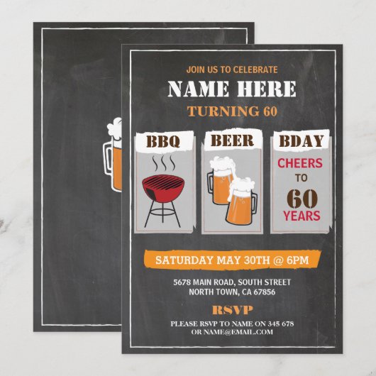 Uitnodiging van de Mannen partij BBQ Beers Birthda (Voorkant / Achterkant)