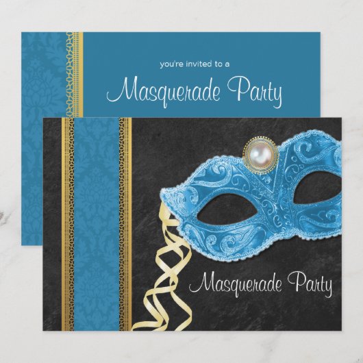 Uitnodiging van de Masquerade Party - blauwgroen e (Voorkant / Achterkant)