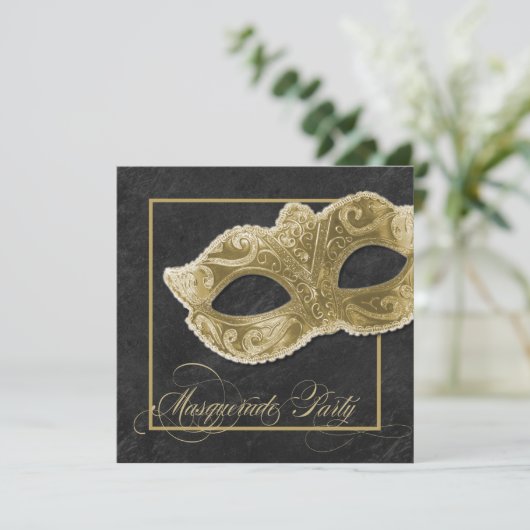 Uitnodiging van de Masquerade Party - Zwart & goud (Staand voorkant)