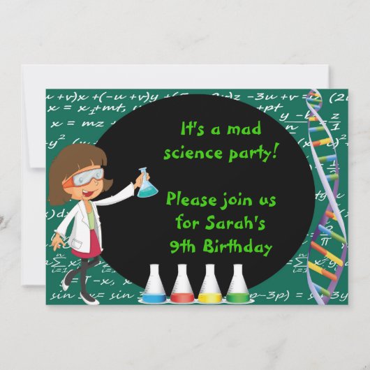 Uitnodiging van de Meisjespartij Brunette Mad Scie (Achterkant)