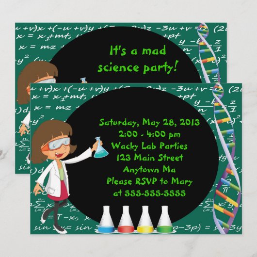 Uitnodiging van de Meisjespartij Brunette Mad Scie (Voorkant / Achterkant)