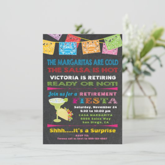 Uitnodiging van de Mexicaanse partij Fiesta Retire (Staand voorkant)