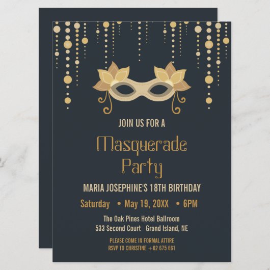 Uitnodiging van de moderne Masquerade-verjaardagsp (Voorkant / Achterkant)