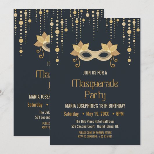 Uitnodiging van de moderne Masquerade-verjaardagsp (Voorkant / Achterkant)